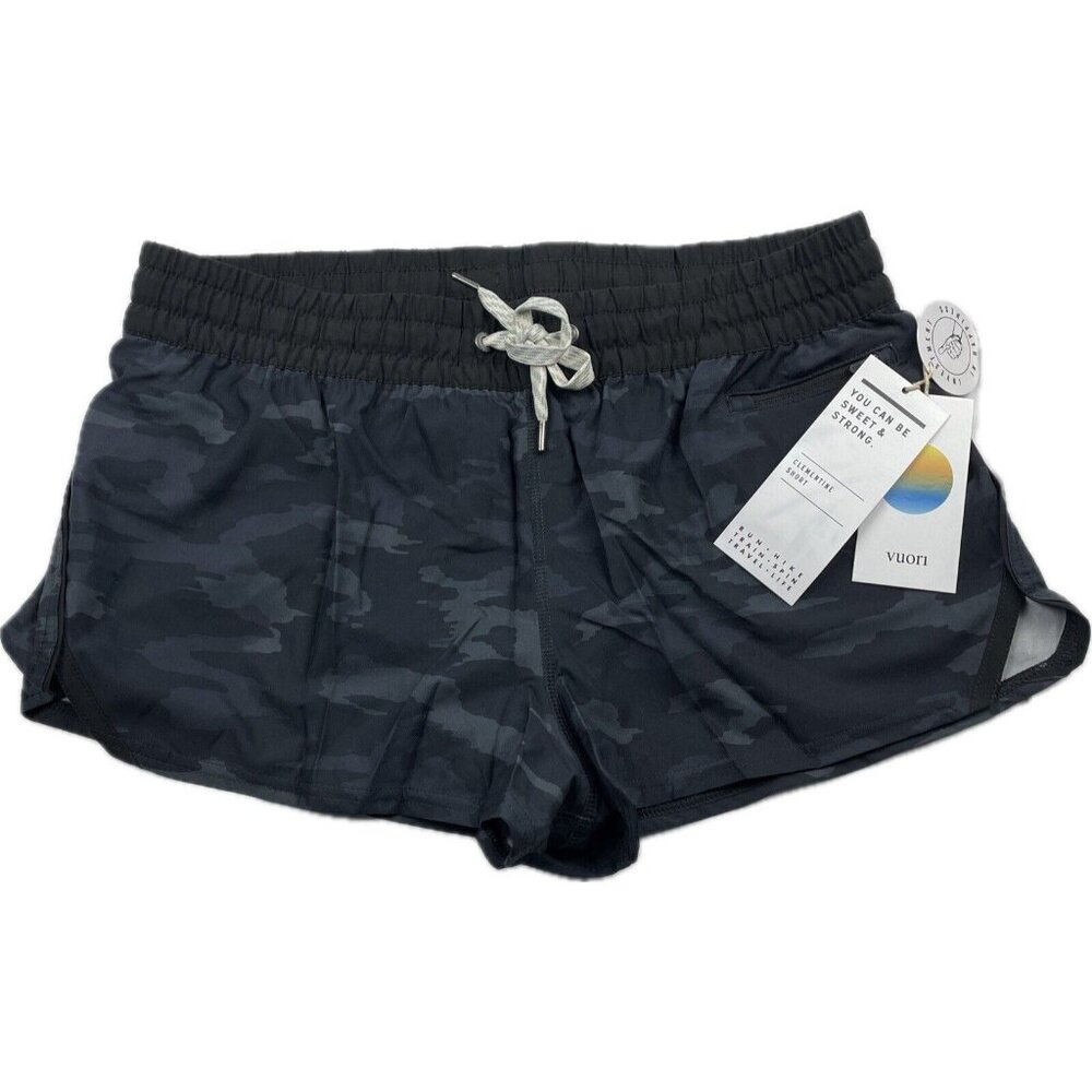 Vuori Clementine 2” Athletic Shorts Black Watercolor Camo Size Large, Pocket NEW - Picture 1 of 8